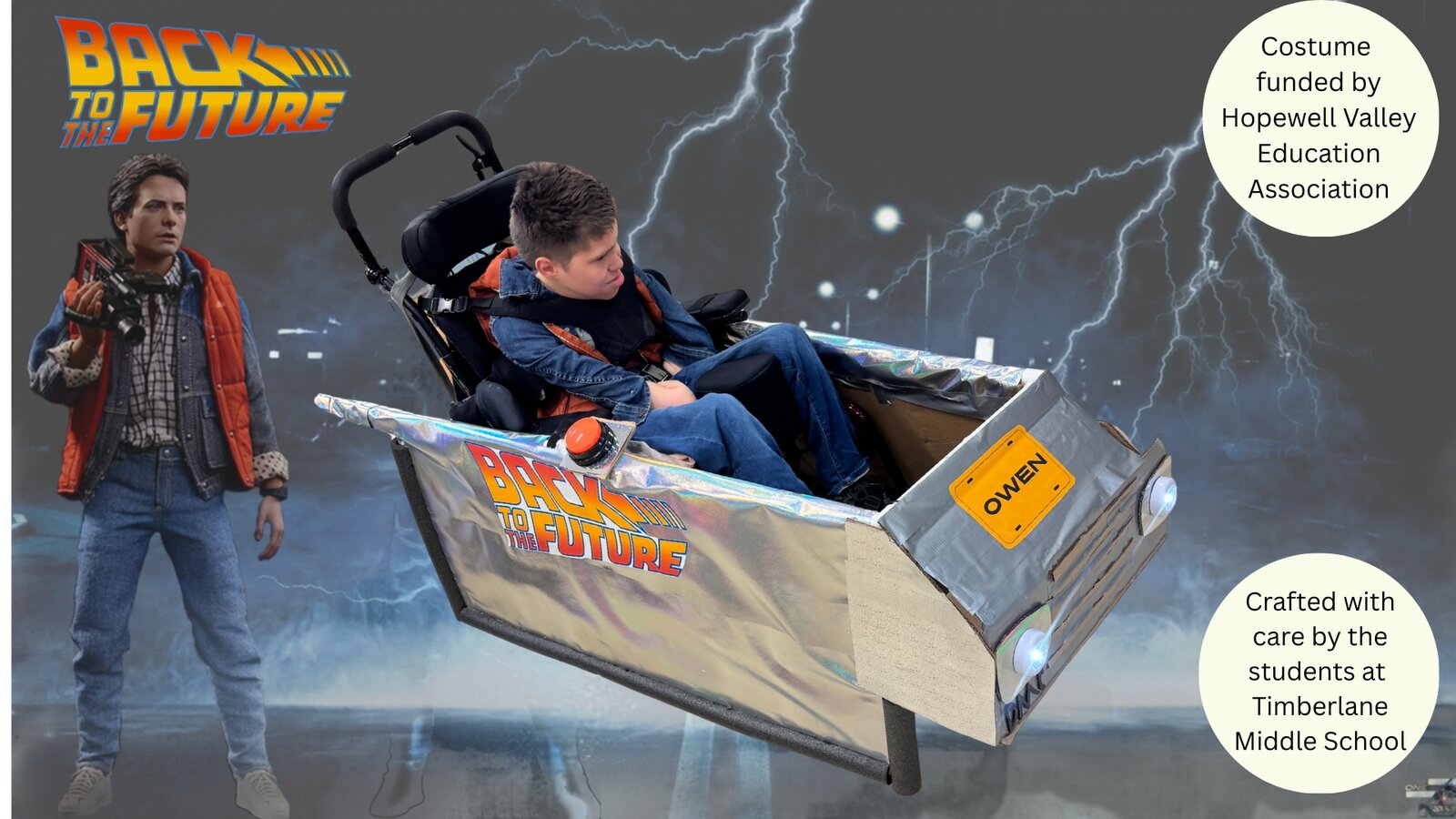 Child in a Back to the Future costume on wheels
