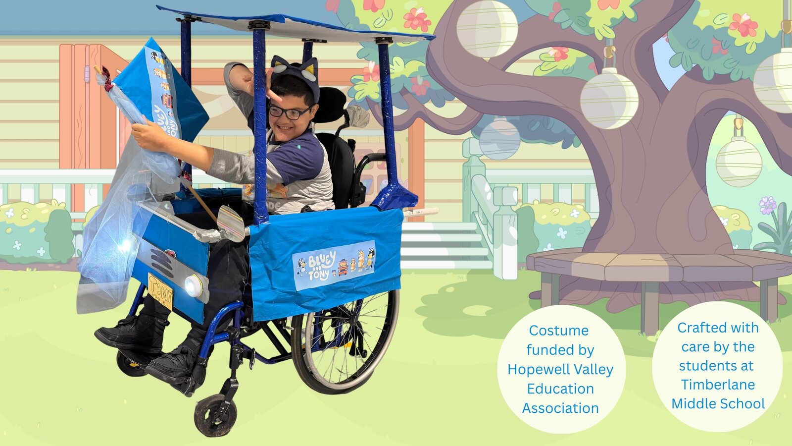 Child in a Bluey costume on wheels