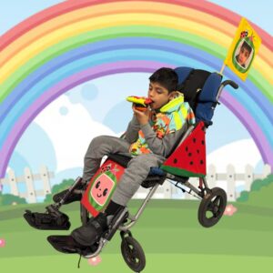 Child in a Cocomelon costume on wheels