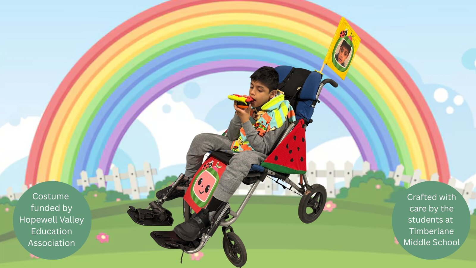 Child in a Cocomelon costume on wheels