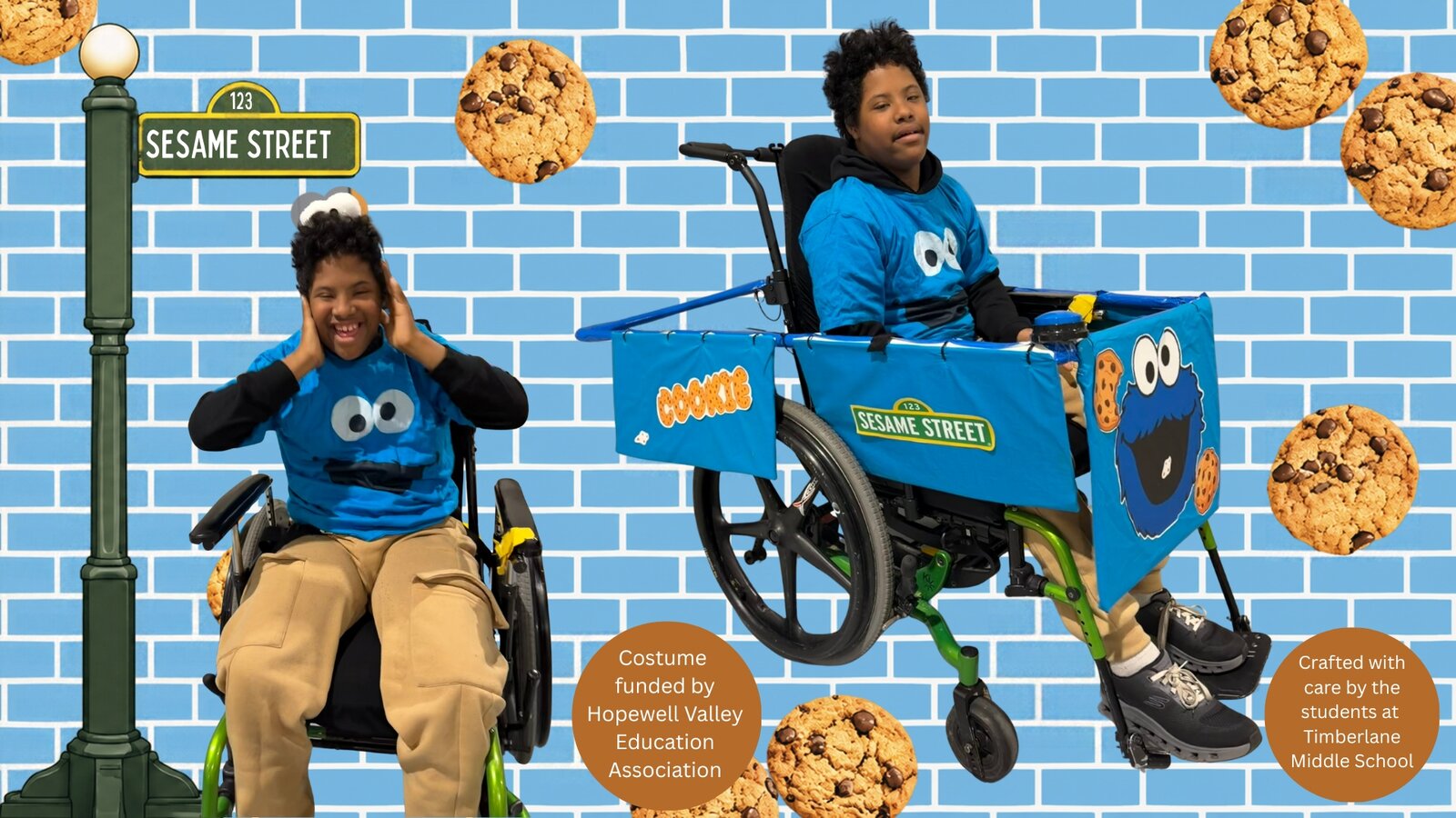 Child in a Cookie Monster costume on wheels