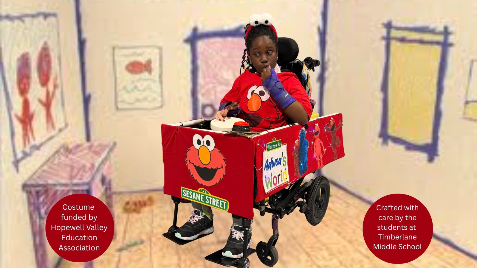 Child in an Elmo's World costume on wheels