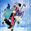Child in a Frozen costume on wheels