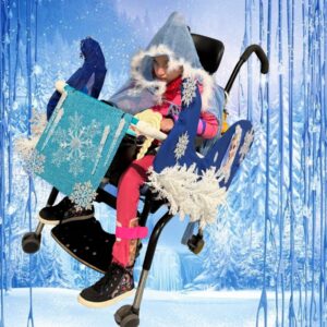 Child in a Frozen costume on wheels