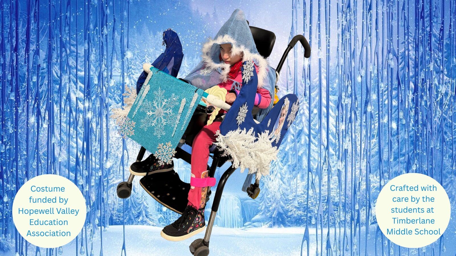 Child in a Frozen costume on wheels