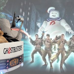 Child in a Ghostbuster costume on wheels