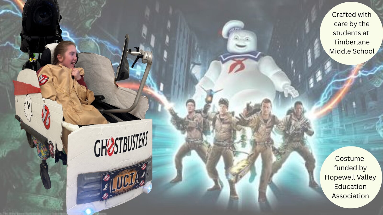 Child in a Ghostbuster costume on wheels