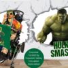 Child in an Incredible Hulk costume on wheels
