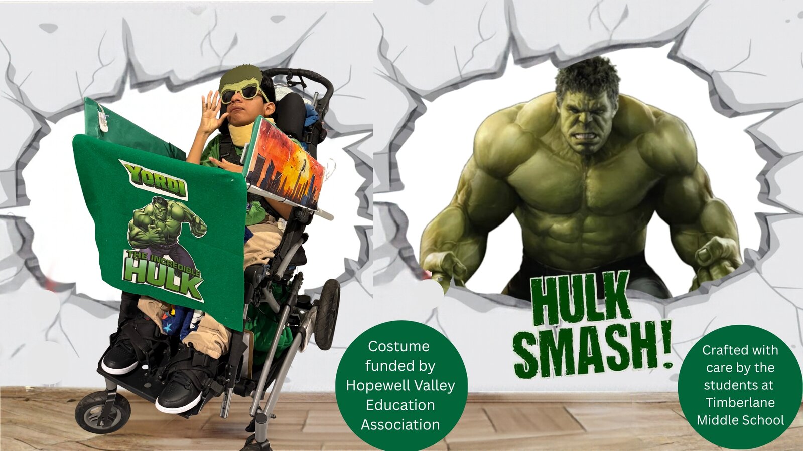 Child in an Incredible Hulk costume on wheels