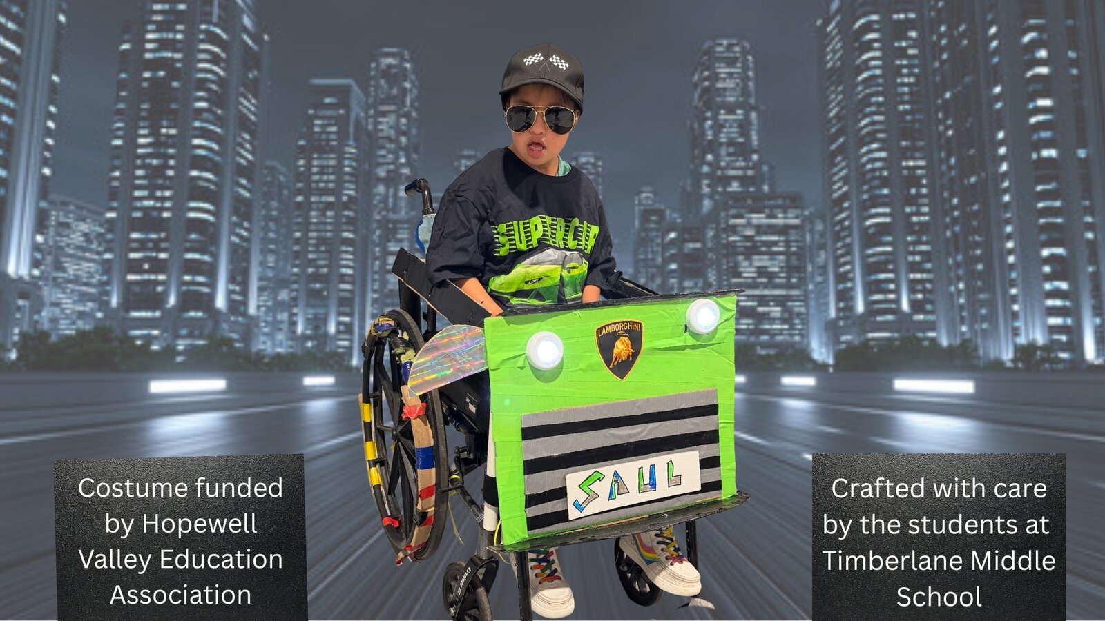 Child in a Lamborghini costume on wheels