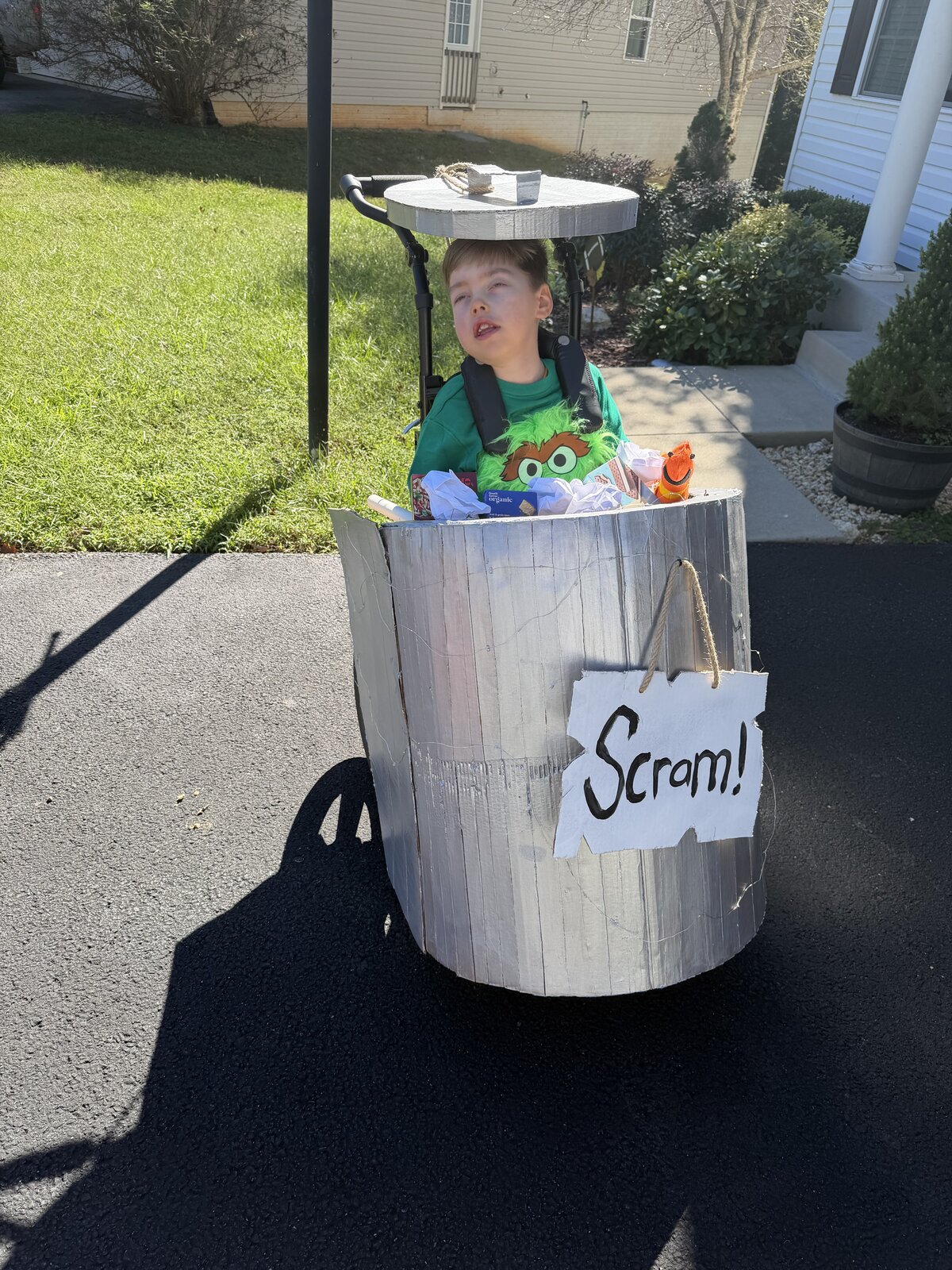 Child in an Oscar the Grouch and Elmo costume on wheels
