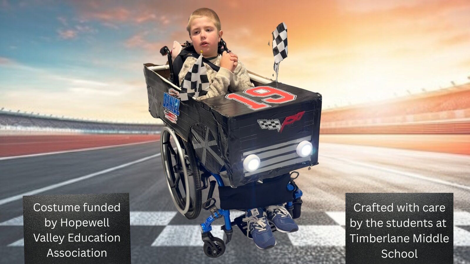 Child in a Race Car costume on wheels