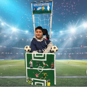 Child in a Soccer Player costume on wheels