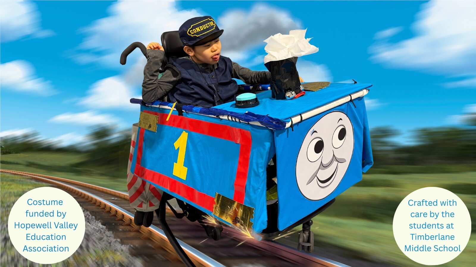 Child in a Thomas the Train costume on wheels