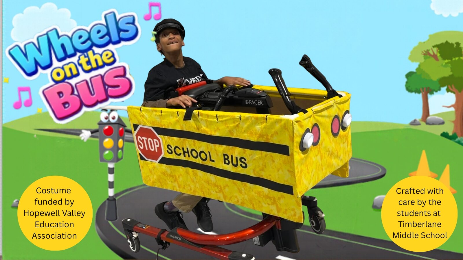 Child in a Wheels on the Bus costume on wheels