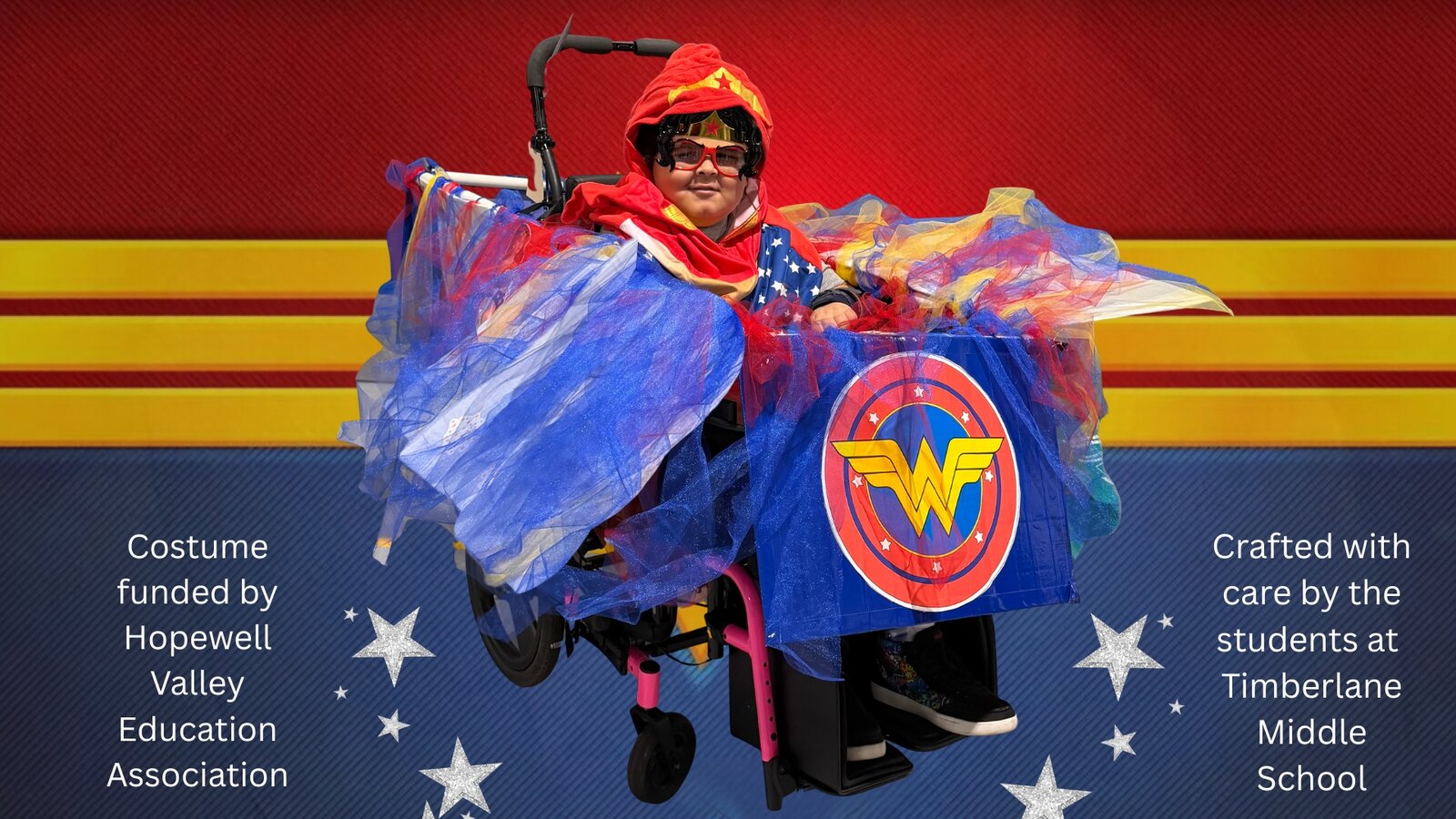 Child in a Wonder Woman costume on wheels