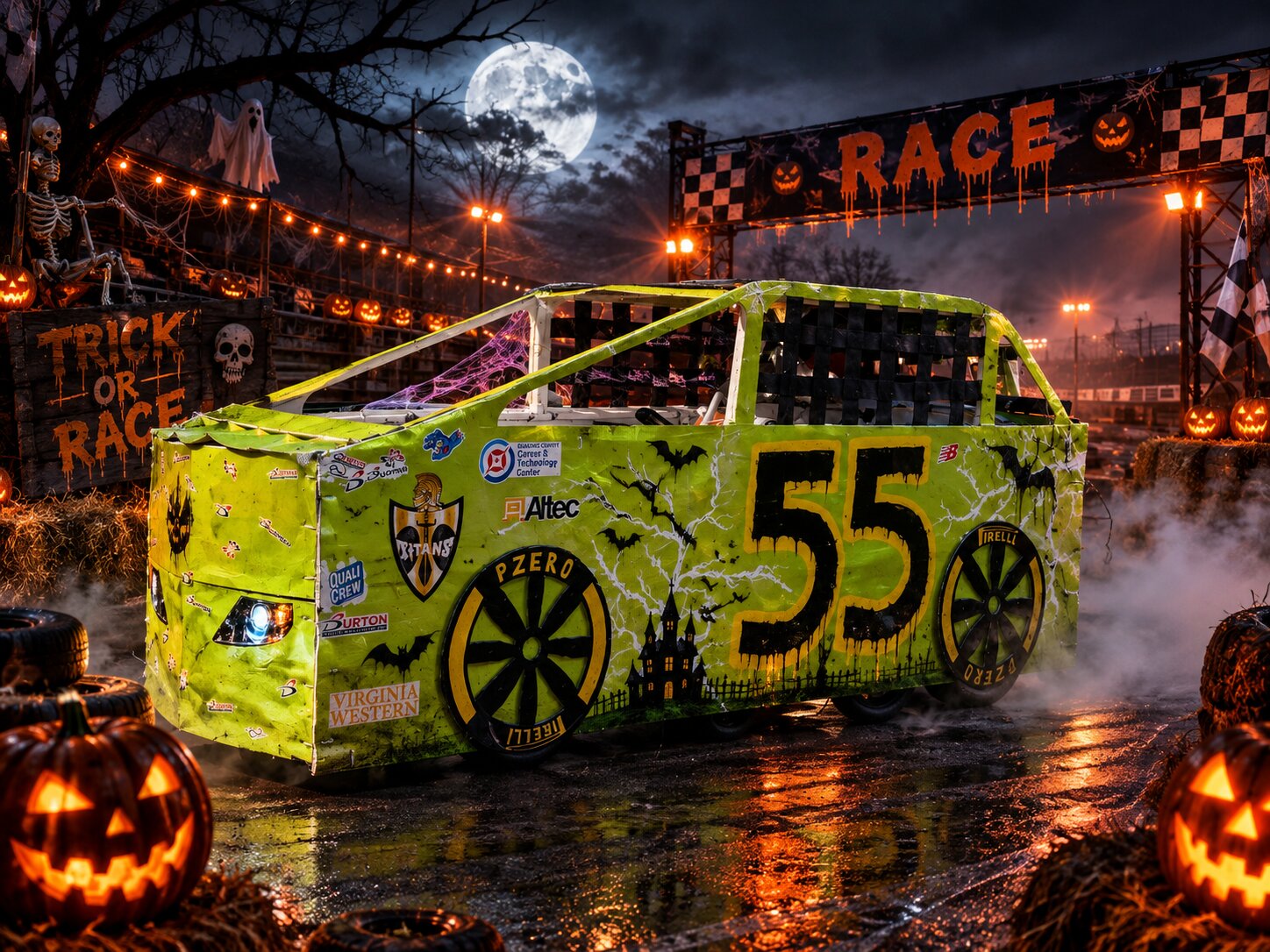 Child in a Number 55 costume on wheels