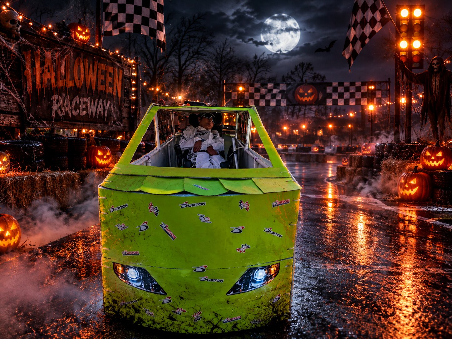 Child in a Number 55 costume on wheels