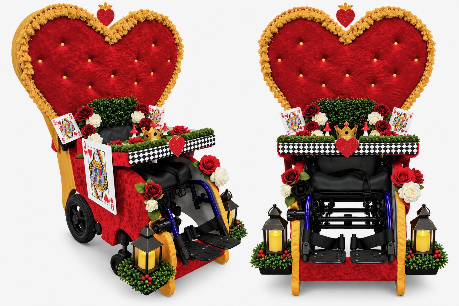 Child in a Queen of Hearts costume on wheels